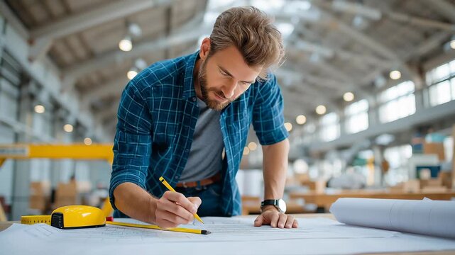 An engineer focuses intently on drafting plans at a large workspace. Surrounded by tools and materials, he skillfully brings his ideas to life on paper, capturing the essence of innovation