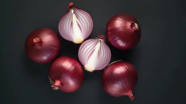 High-end cinematic flat lay of fresh red onions on dark background, whole and sliced, rich purple tones, clean premium food visual for advertising and editorial use.