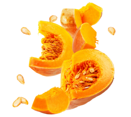 artistic composition of vibrant pumpkin pieces and seeds, isolated on black, healthy fall harvest, realistic food photography, abstract arrangement.