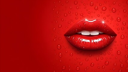 Valentine's day kiss red lips with fangs on romantic background