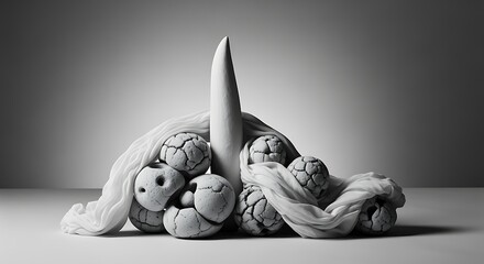 Abstract Black and White Sculpture with Organic Forms and Textured Surfaces in Minimalist Composition