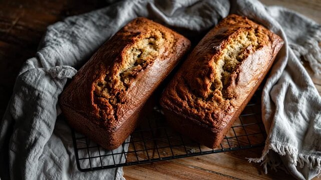 Two loaves of golden-brown bread rest on a cooling rack, exuding warmth and comfort. Soft light filters through, creating an inviting kitchen atmosphere perfect for baking lovers