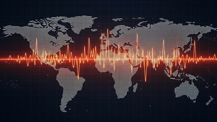 Global World Map with Pulsing Red Heartbeat Line