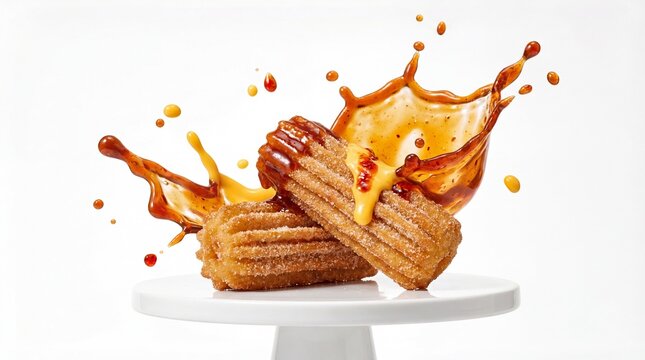 Delicious Churros with Caramel Splash on White Cake Stand.