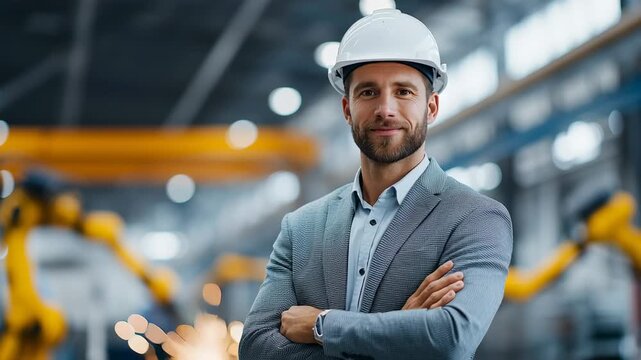 A skilled manufacturing plant manager stands confidently in a vibrant factory, overseeing operations and leading a team. The dynamic setting features advanced machinery working efficiently