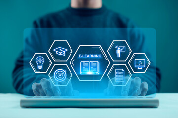 Man using virtual screen, Online education concept, Choose the correct answer, Online digital technology concept, Online learning training course, Digital  