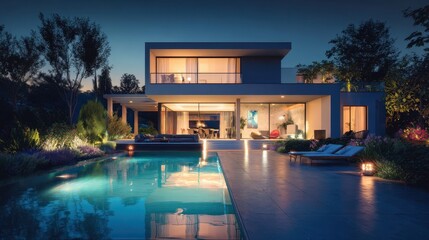 Modern Luxury Villa at Dusk with Glowing Ambient Lights Reflecting in Pool