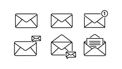 A set of six stylized icons representing different email and message statuses.