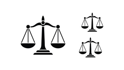 A set of three black silhouette balance scale icons on a white background.