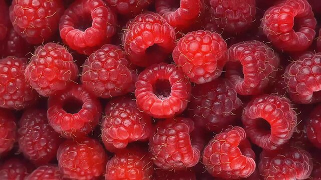 High-end cinematic close-up of fresh raspberries filling the frame, rich red color, detailed texture, premium food background for advertising and branding.