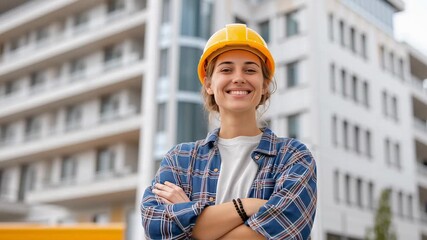 A talented construction engineer stands proudly at a bustling urban site, wearing a helmet and a plaid shirt. Her confident demeanor reflects her expertise and dedication to the craft