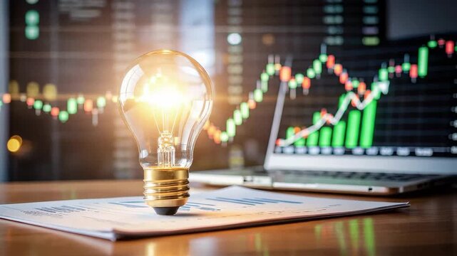 Illuminating ideas: Light bulb on financial report with stock market data background.