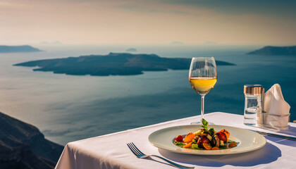 Luxury dinner table setting with white wine and food on restaurant terrace overlooking Santorini volcano caldera for romantic travel concept