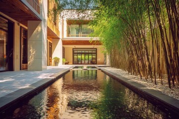Fototapeta premium Modern Luxury Courtyard Oasis with Reflecting Pool, Bamboo Shadows, and Zen Garden Atmosphere