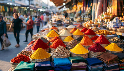 Fototapeta premium Heaps of colorful spices and seasonings in baskets at traditional street market bazaar for travel culinary culture concepts
