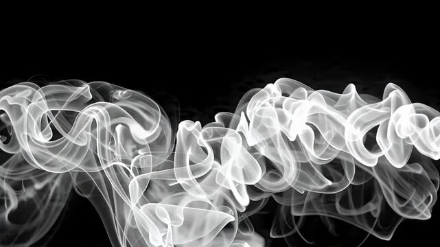 A swirling cloud of smoke flows horizontally across the frame, captured from a straight-on viewpoint, against a dark, featureless background.