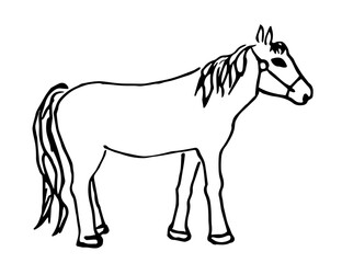 A simple hand-drawn vector drawing with a black outline. Horse, farm animals, ranch, barnyard. Sketch in ink.