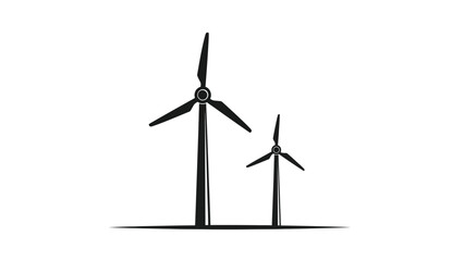 Two wind turbines stand tall on a white background.
