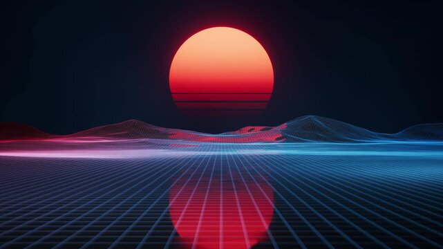 Retro wave sunset over digital landscape with glowing grid and mountains