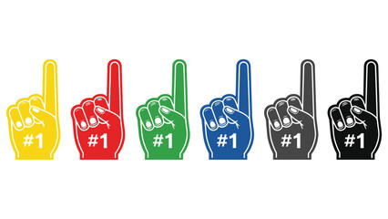 Six colorful foam fingers numbered '1' stand in a row against a white background.