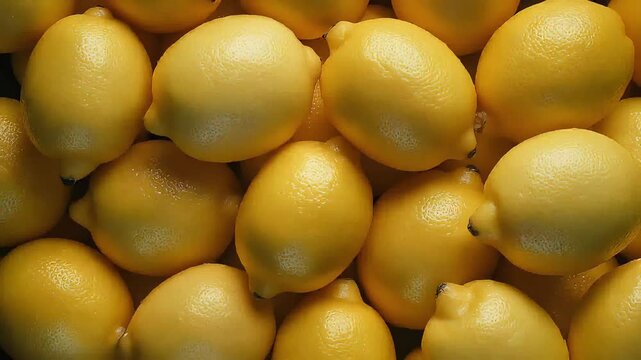 High-end cinematic close-up of fresh yellow lemons filling the frame, vibrant texture, soft lighting, premium food commercial aesthetic, natural freshness and abundance.