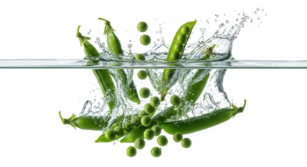 Fresh green peas splashing into clear water revealing ripe pods and small spherical seeds in dynamic motion water splash vegetable healthy ingredient food macro falling transparent background