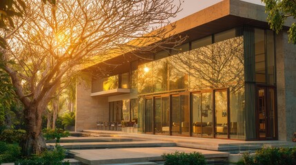 Obraz premium Luxury Modern Villa Architecture with Full Glass Facade and Garden View at Sunset, Golden Hour Light