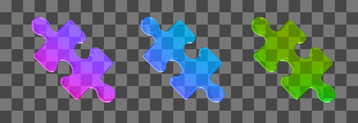 3d set neon glass transparent jigsaw puzzle piece. Stock vector illustration on isolated background.	
