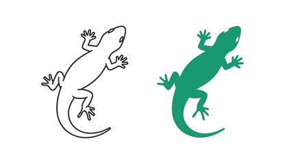 Two stylized gecko designs one a simple black outline and the other a solid vibrant green silhouette showcasing a cute reptile