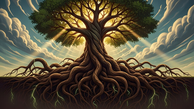 Grand mythological tree with deep roots and golden light branches against a dramatic sky