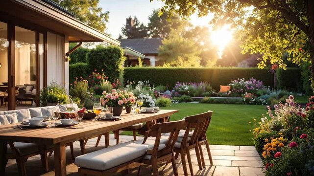 Beautifully landscaped backyard with dining table set for an outdoor gathering at sunset.