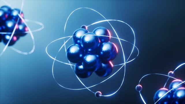 Atom and electrons orbiting nucleus in scientific animation