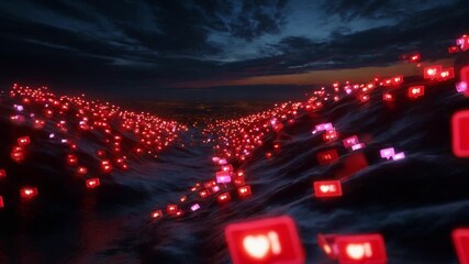 A dramatic and visually striking representation of a vast ocean filled with vibrant social media notifications, symbolizing the overwhelming influence of digital connectivity on modern life and - Powered by Adobe