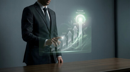 Businessman Analyzing Future Milestones Growth Chart to 2040