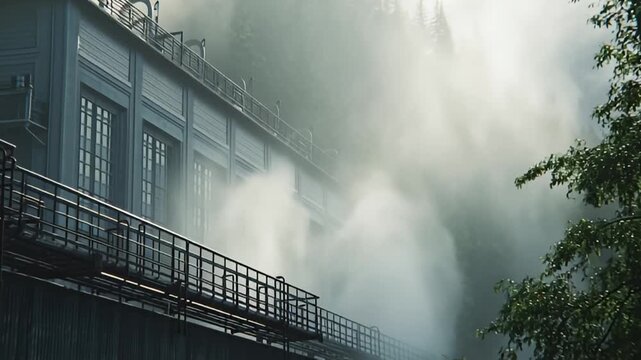 Fog envelops the industrial building's metal catwalk and windows on a misty morning, viewed from a low angle amidst lush foliage.