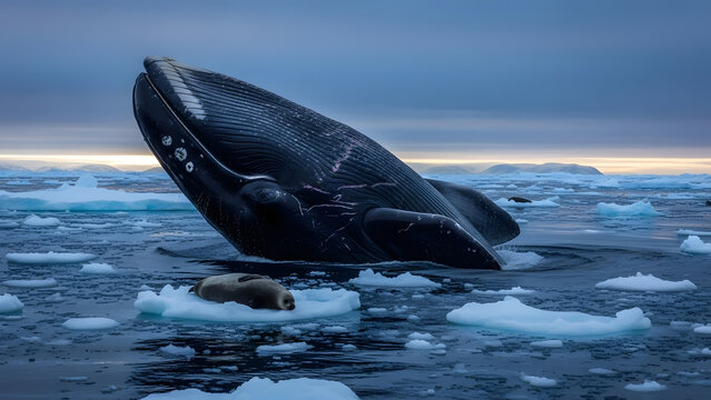 Bowhead whale fluke emerging from dark ocean water with icebergs in the background