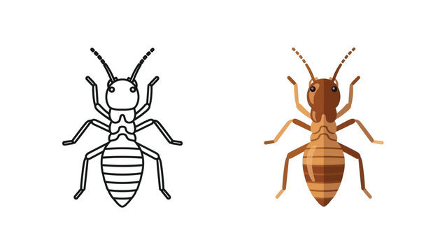 Vector illustration set featuring a detailed brown termite icon alongside a matching outline drawing perfect for pest control designs