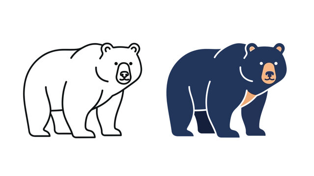 Minimalist cartoon style black bear icon presented side by side with a simple outline drawing for versatile graphic design projects