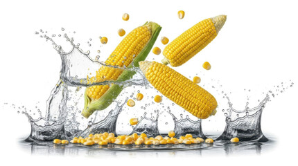 Several fresh yellow ears of corn and loose kernels splash dramatically into clear water creating dynamic liquid crowns maize water splash vegetable ingredient cooking transparent background