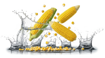 Several fresh yellow ears of corn and loose kernels splash dramatically into clear water creating dynamic liquid crowns maize water splash vegetable ingredient cooking transparent background