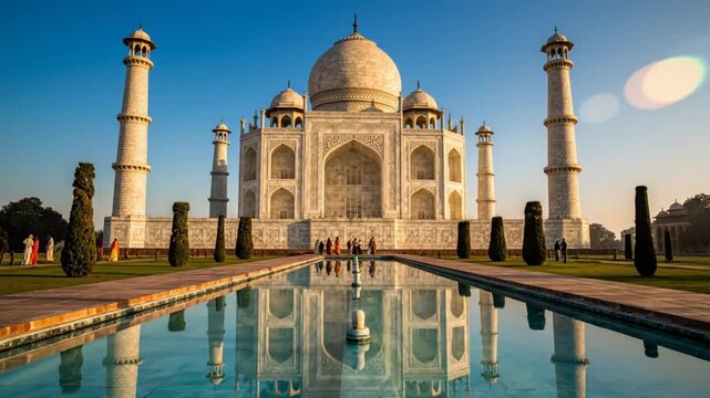 The Taj Mahal illuminated in the morning light with reflective pool of water and blue sky
