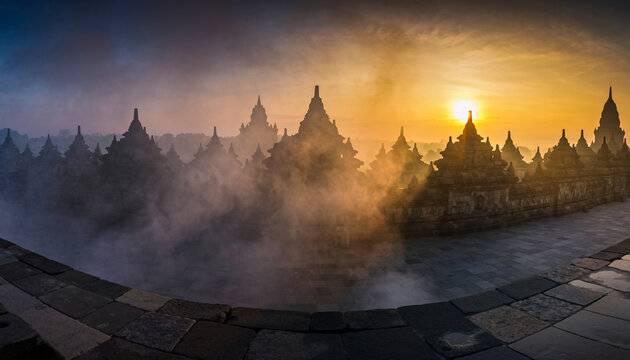 Sunrise view of Borobudur Buddhist temple stupas with mist and fog in Magelang Central Java Indonesia for travel landmark concepts