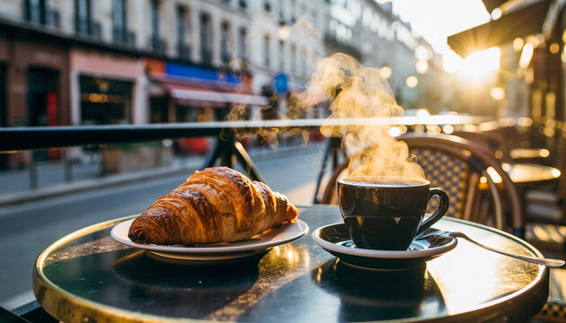 Fresh croissant and hot coffee cup on table at french street cafe terrace in Paris during sunny morning breakfast - Powered by Adobe