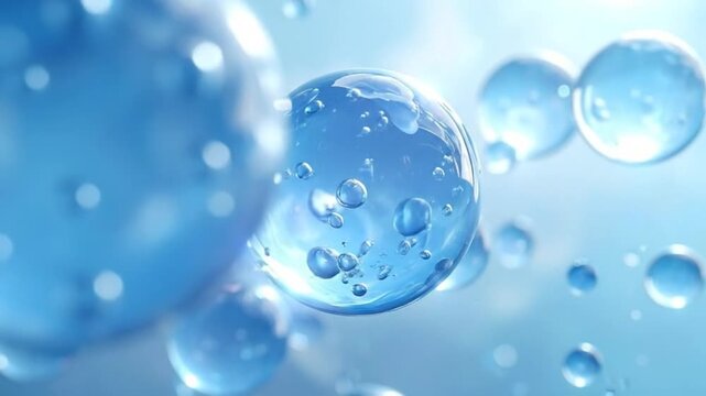 Abstract blue spheres floating in a bright, clean environment, representing purity and hydration.