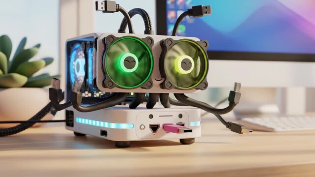 Mini PC with glowing RGB fans sits on a modern office desk. USB cables resembling robotic arms connect the device. Dynamic multicolor lights change on the fans.