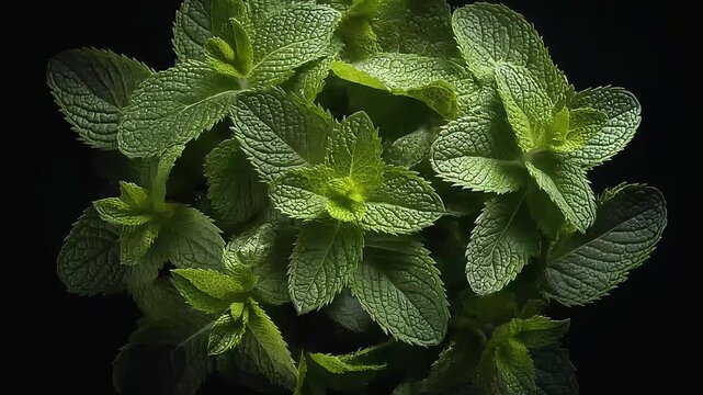 Ultra-premium cinematic shot of fresh mint leaves with rich green color, detailed leaf texture, soft dramatic lighting, refreshing herbal background, clean natural wellness concept.