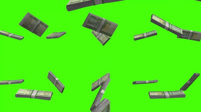 Myanmar Kyat banknotes falling on green screen, MMK currency rain animation