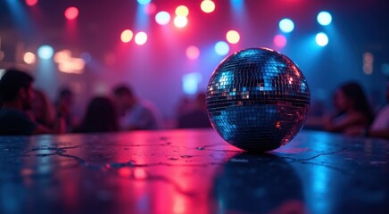 Disco ball on a table in a nightclub with people in the background