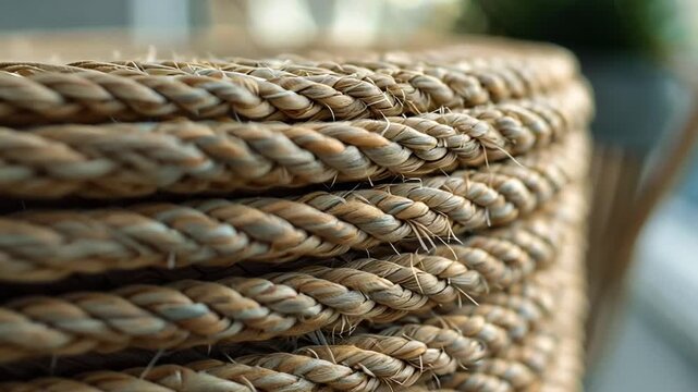Close-up of a stack of woven wicker baskets indoors on a table