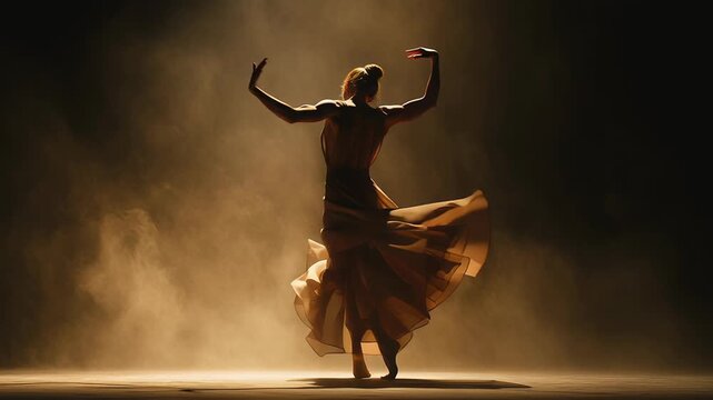 Cinematic dance body expression scene, abstract interpretation of movement and emotion, powerful silhouette and flowing motion trails, controlled lighting and shadow, realistic cinematic detail